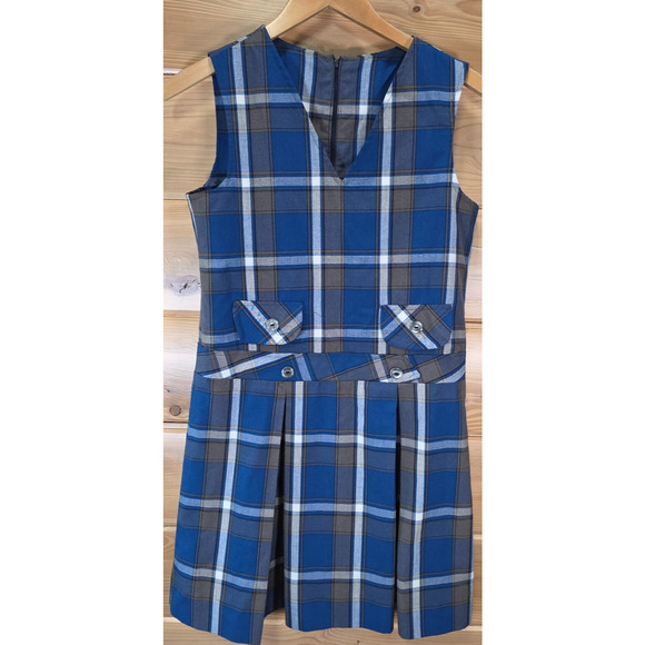 VTG Farrah's San Francisco Plaid Jumper Dress Size 14 Blue Brown USA 70s - Picture 1 of 12